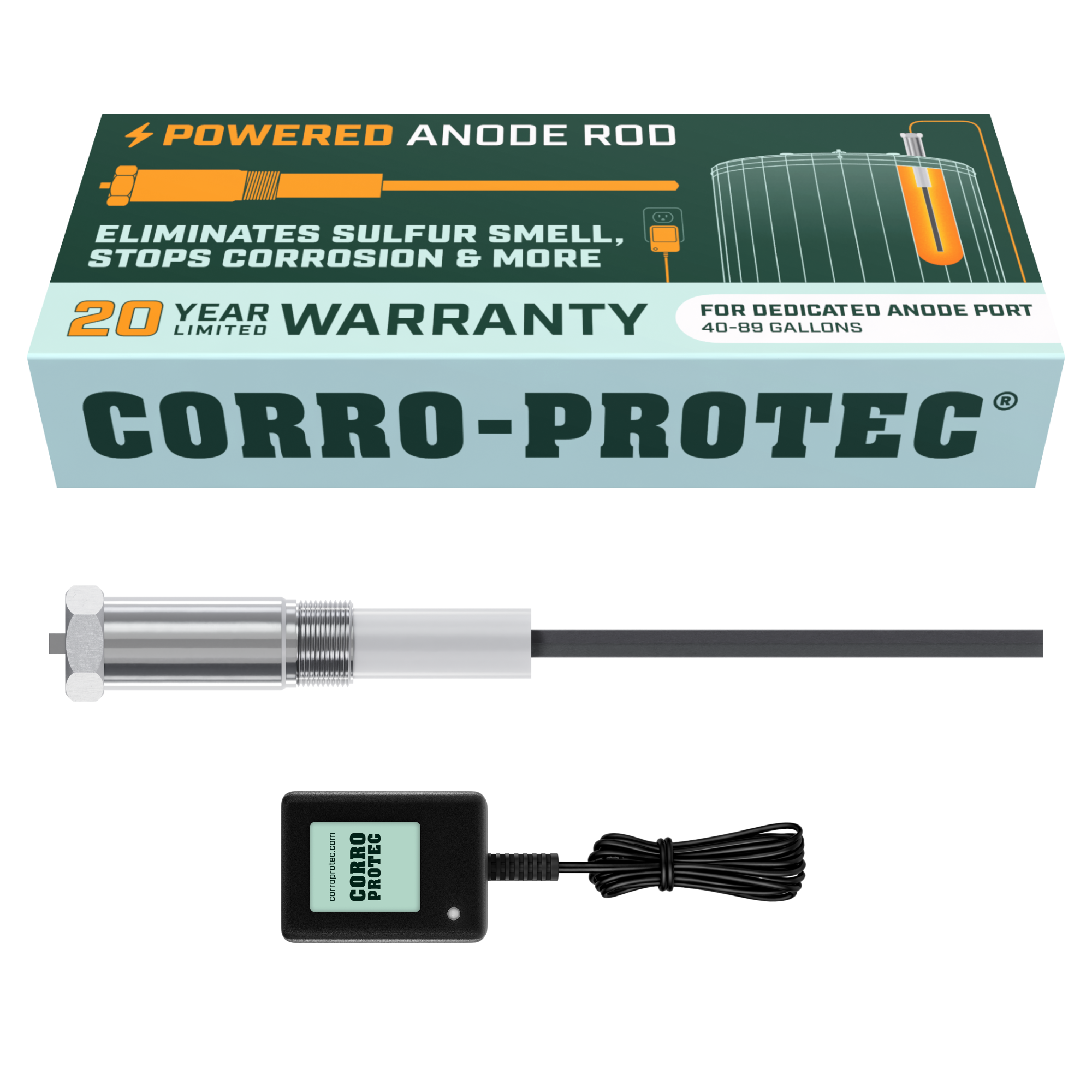 Corro-Protec powered anode rod kit with titanium rod and plug-in power supply